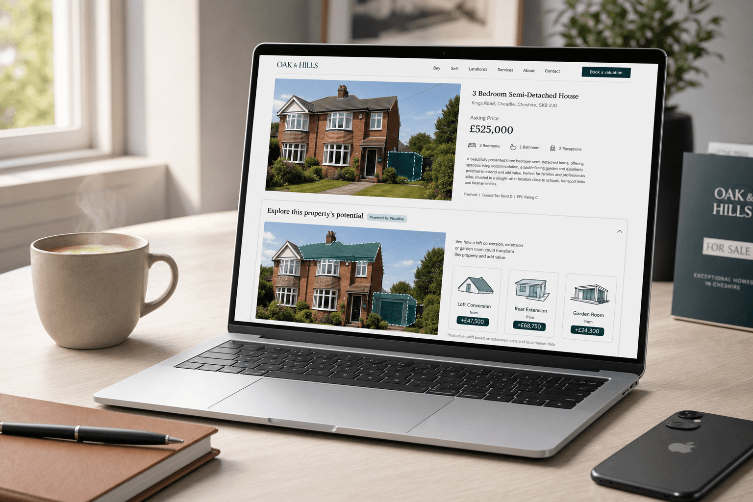 An estate agent's laptop on a desk, showing a property listing page with the Planaroo property potential widget embedded below the listing photos, offering loft conversion, rear extension and garden room visualisations with value uplift estimates