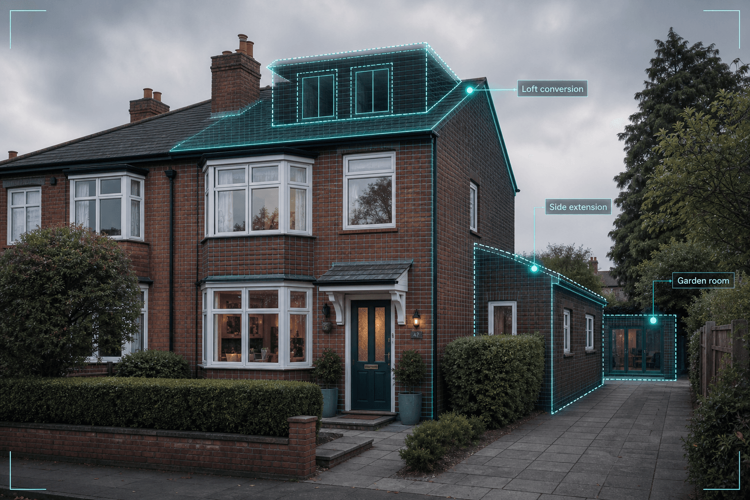 A 1930s red-brick semi-detached UK property with Planaroo's Intelligent Vision overlay highlighting a loft conversion at the roofline, a single-storey side extension footprint, and a garden room at the rear, each marked with a glowing teal hotspot and label
