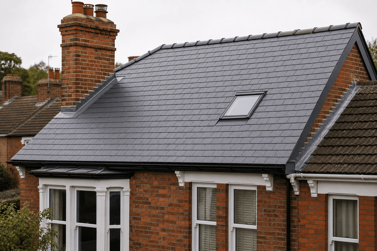 Freshly relaid natural slate roof on a Victorian semi with restored brick chimney and a slim rooflight set flush into the slate.