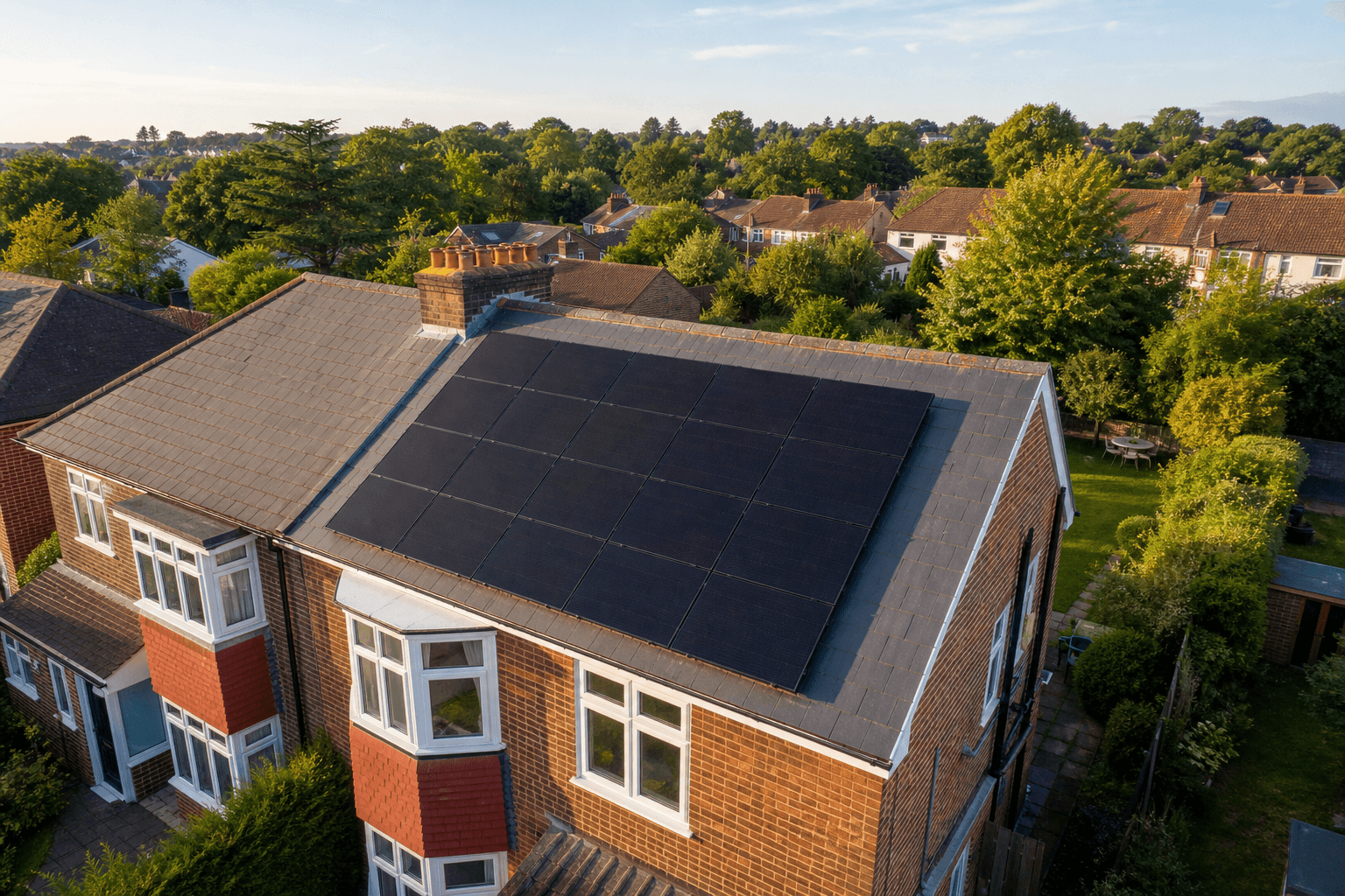 Aerial view of a UK semi-detached roof fitted with a full array of black solar panels.
