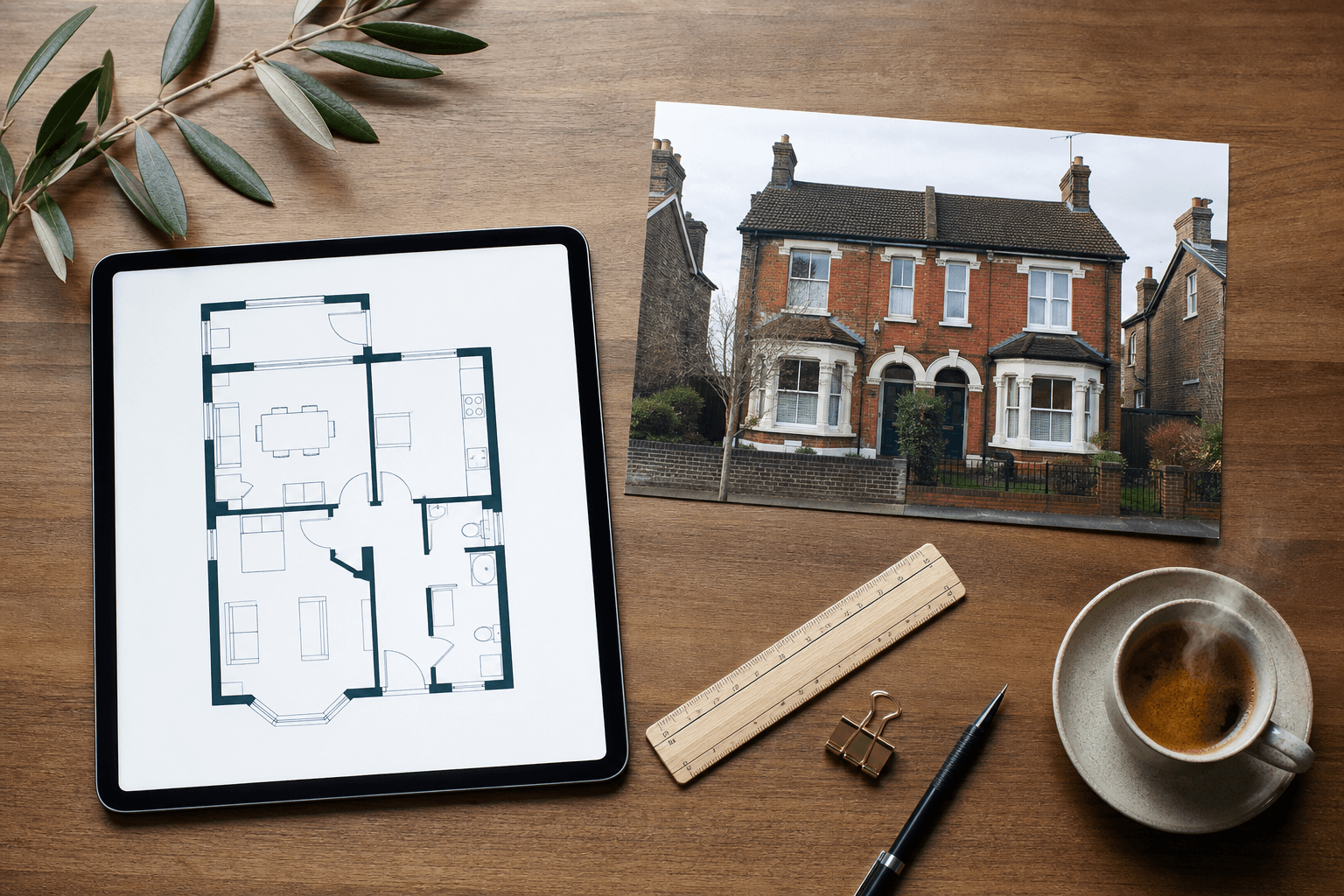 Top-down view of a tablet showing a clean floorplan beside a printed photo of a brick UK semi, with a ruler, pencil and espresso.