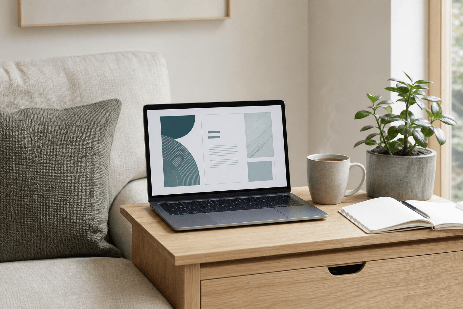 Laptop on a side table next to a linen sofa and a steaming mug, showing a clean report layout in calm teal tones.